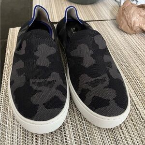 Rothy's Black and Gray Slip-On Sneakers with Camouflage Pattern